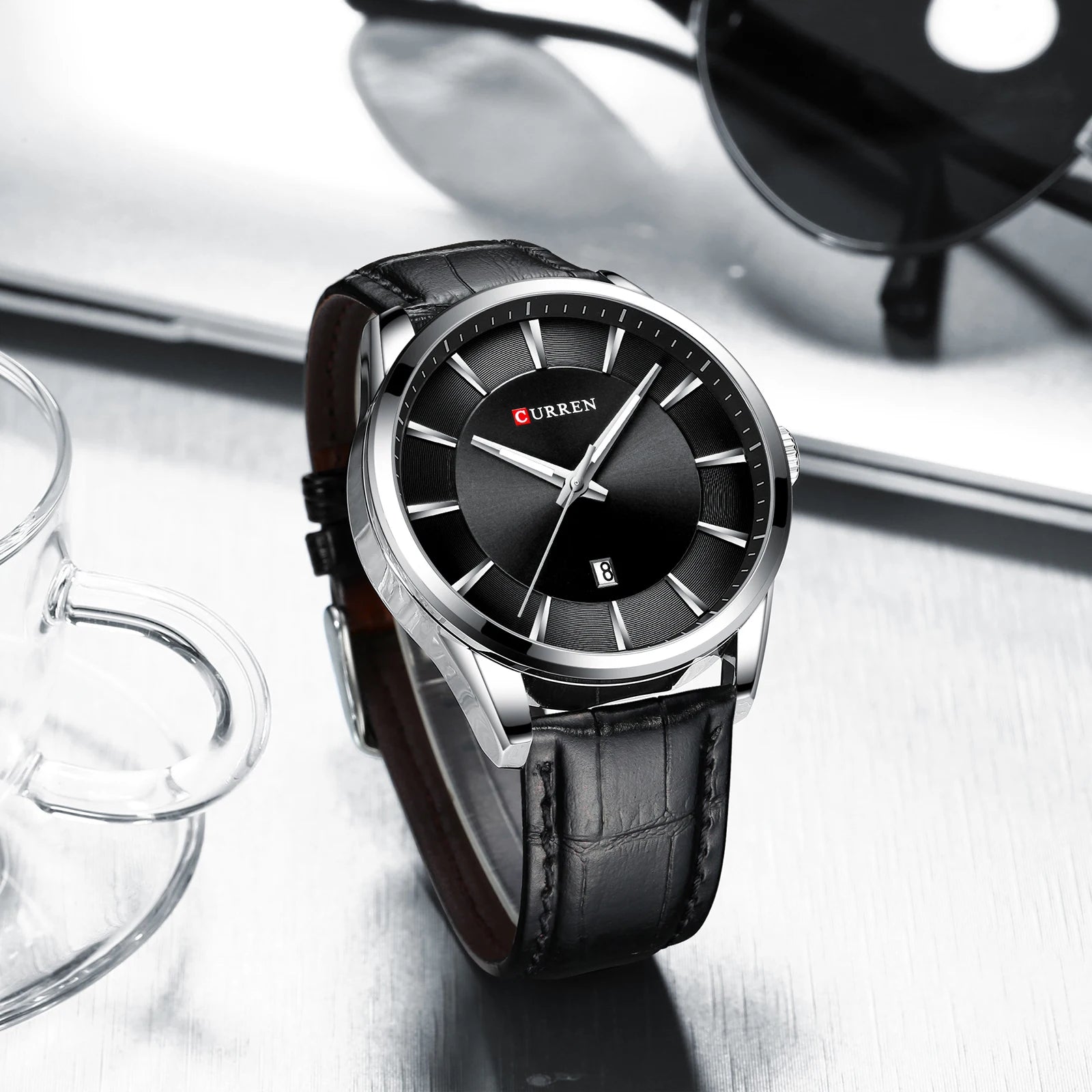Curren classic black dial men’s watch with silver stainless case and leather strap