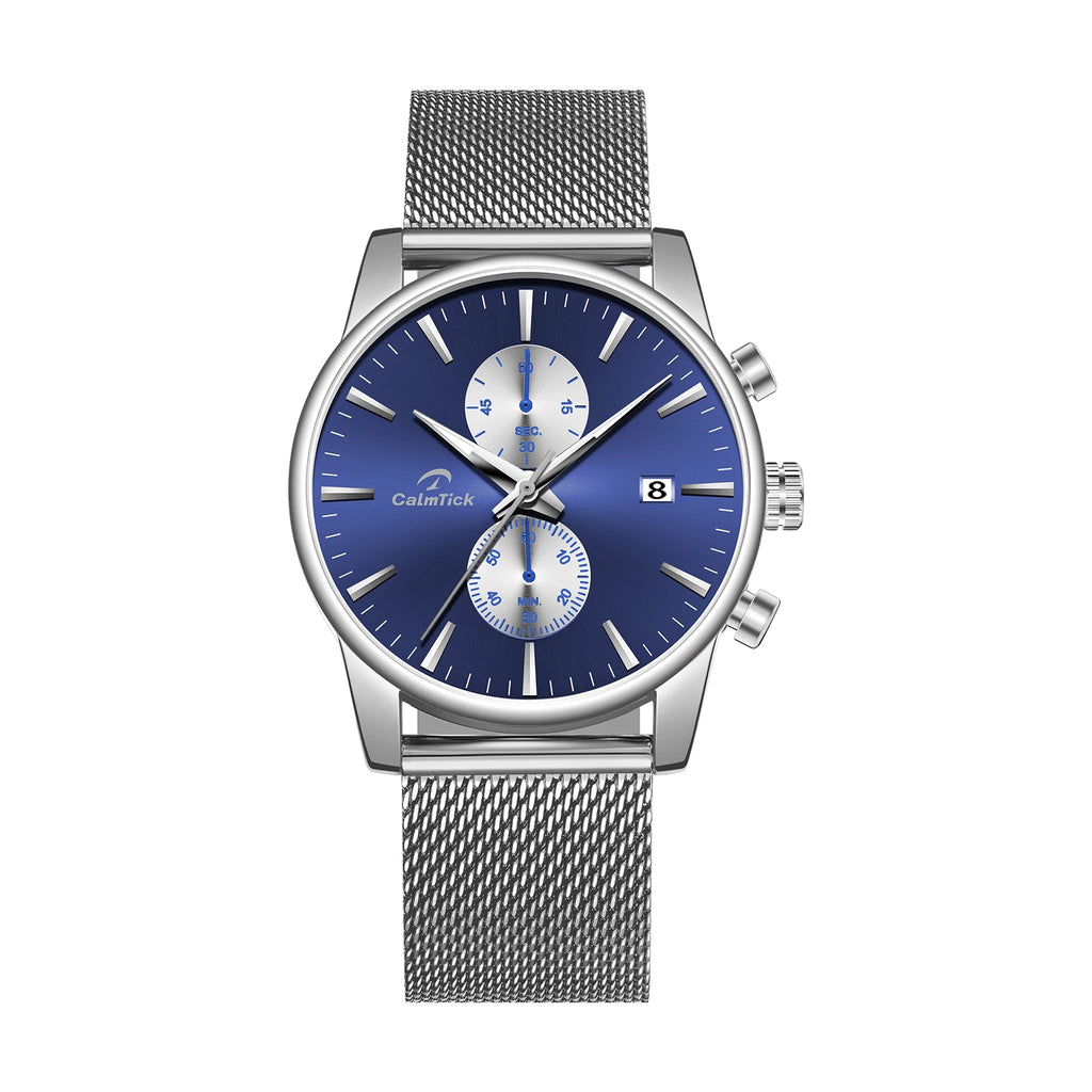 Cheetah black mesh waterproof chronograph watch with blue dial and luminous markers