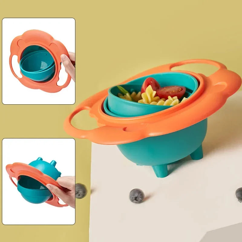 360-degree gyro bowl for kids with spill-proof rotating design”