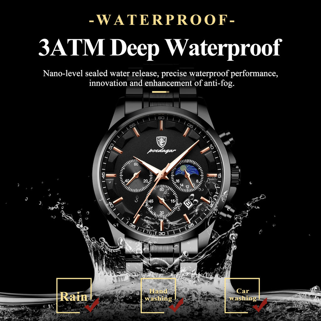 PAGANI DESIGN luxury black chronograph men’s watch with moon phase and subdials