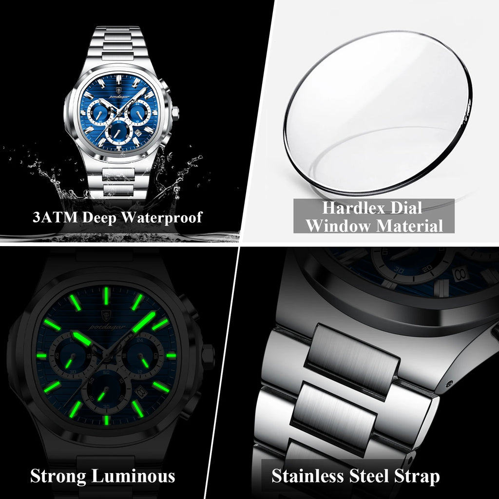 Luxury men’s blue chronograph watch with stainless steel bracelet, sporty dial, and multi-subdial features”