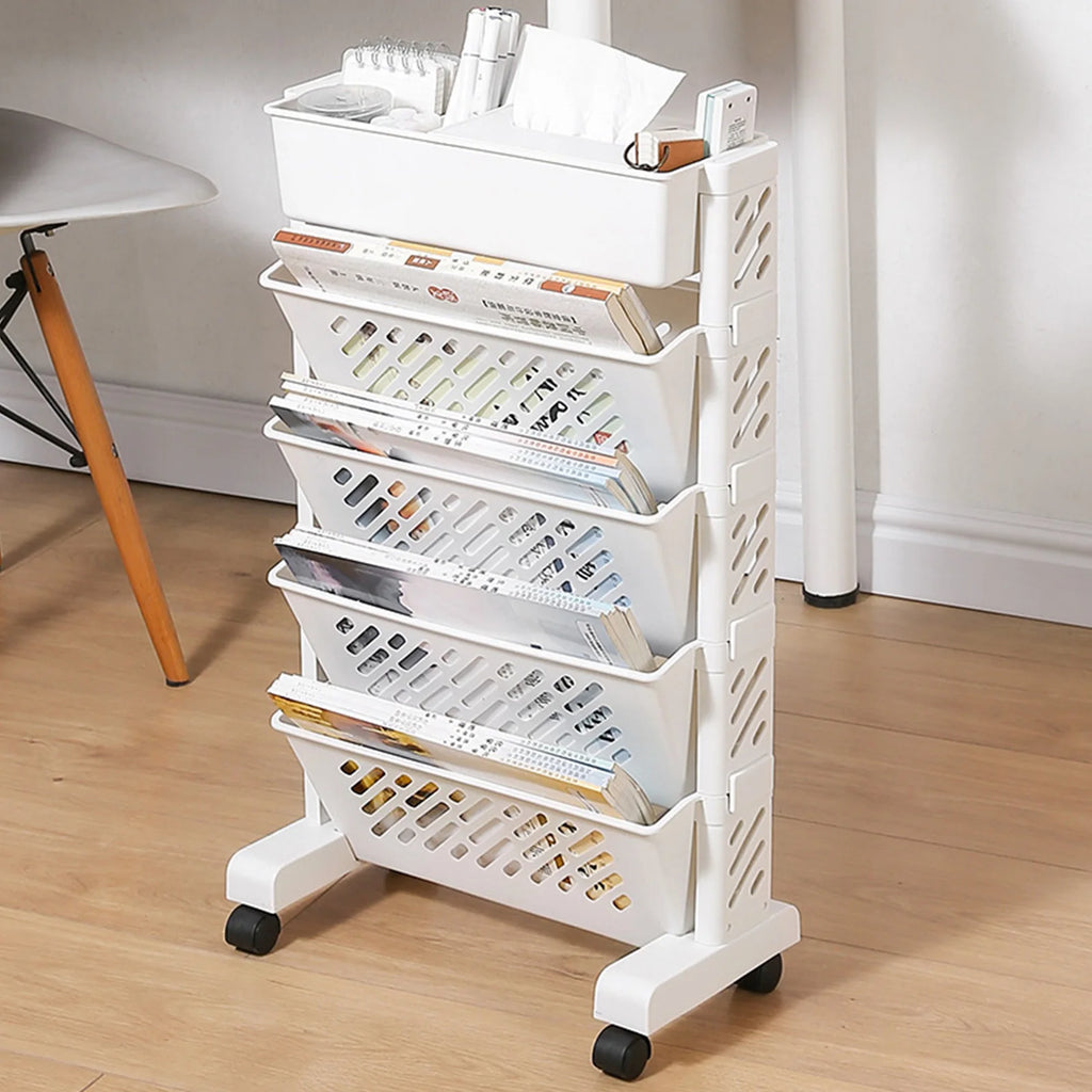 Rolling storage cart with multiple layers and wheels – book and document organizer”