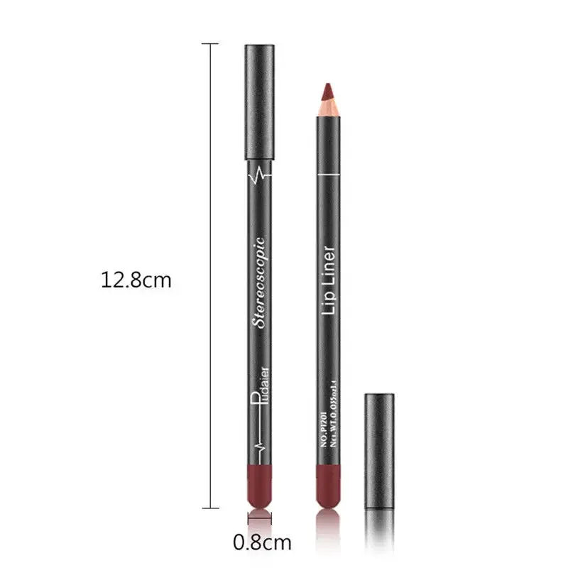Set of 12 velvet matte lip liners by Pudaier in assorted colors with model makeup looks