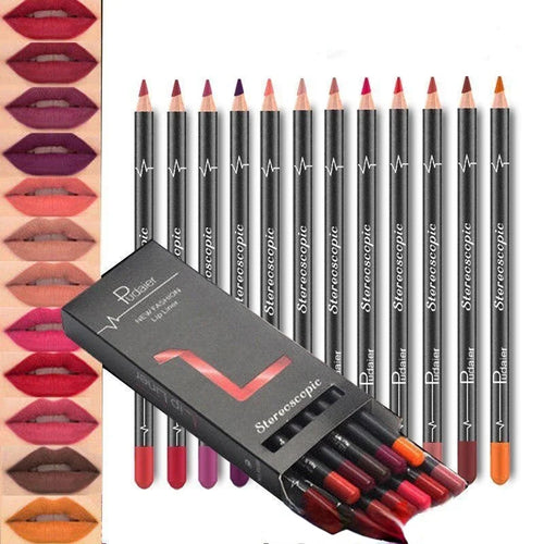 Set of 12 velvet matte lip liners by Pudaier in assorted colors with model makeup looks