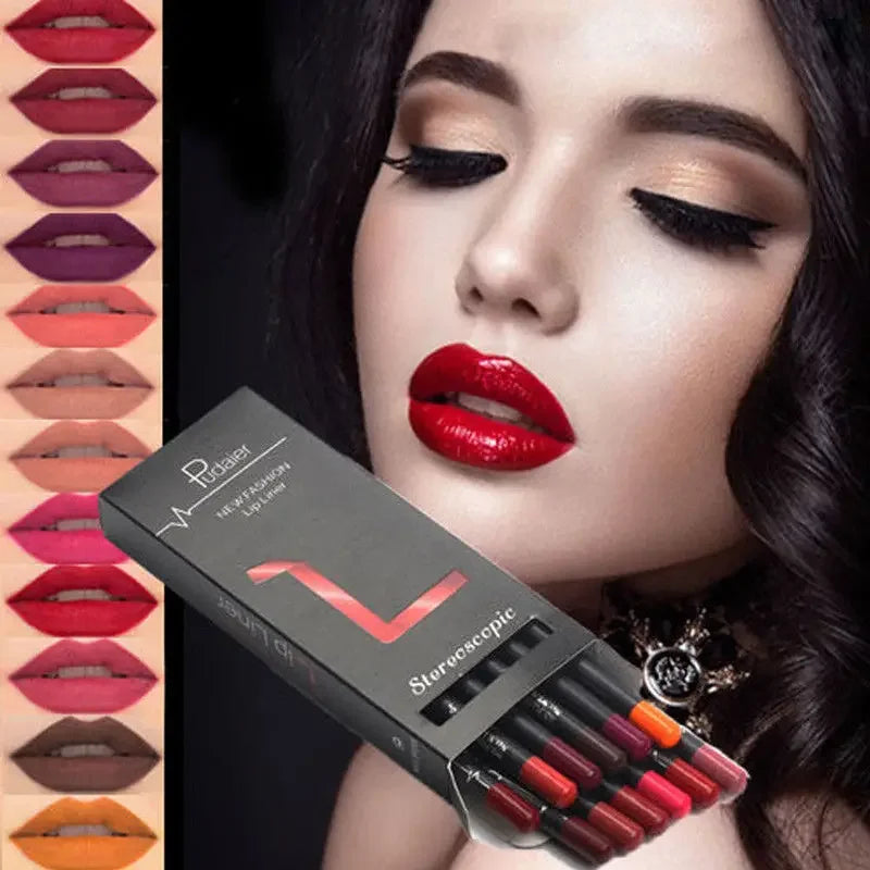 Set of 12 velvet matte lip liners by Pudaier in assorted colors with model makeup looks