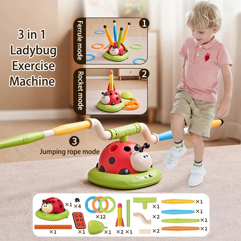 3-in-1 kids skipping sports toy set with ladybug design, jumping, ring toss, stacking