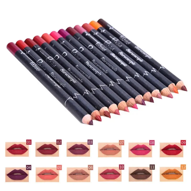 Set of 12 velvet matte lip liners by Pudaier in assorted colors with model makeup looks