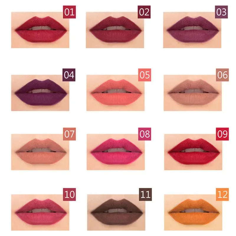 Set of 12 velvet matte lip liners by Pudaier in assorted colors with model makeup looks