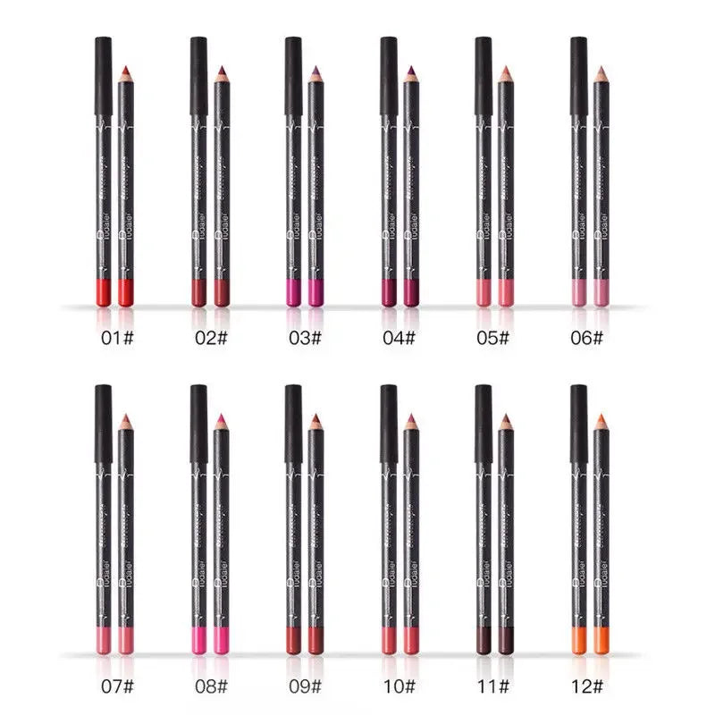 Set of 12 velvet matte lip liners by Pudaier in assorted colors with model makeup looks